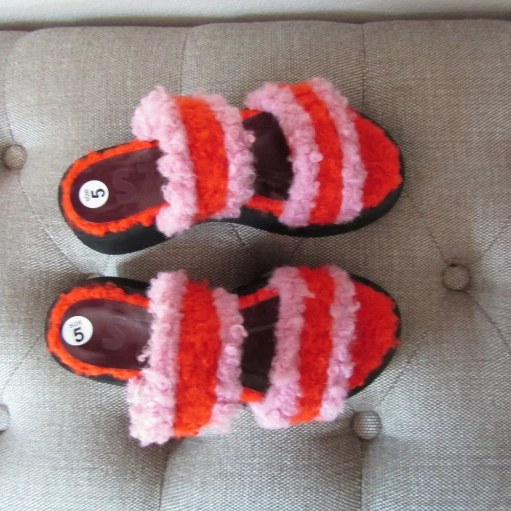 NWOT STAUD Pink and Orange Fuzzy Platform Slide Sandals